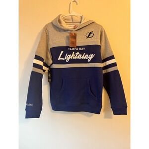 Tampa Bay Lightning Mitchell & Ness NHL Hoodie Sweatshirt Gray‎ Blue Kids L NWT